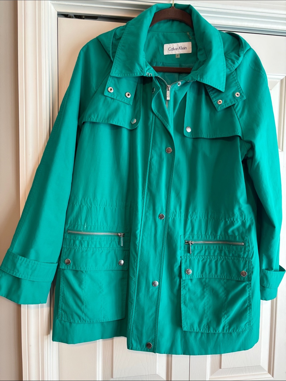 Calvin Klein Green Women’s Trench Coat with Removable Snap-on Hood